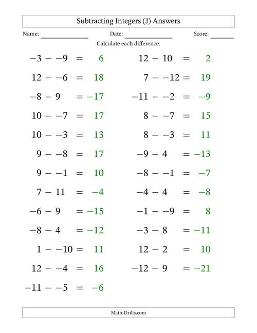 The Subtracting Mixed Integers from -12 to 12 (25 Questions; Large Print; No Parentheses) (J) Math Worksheet Page 2