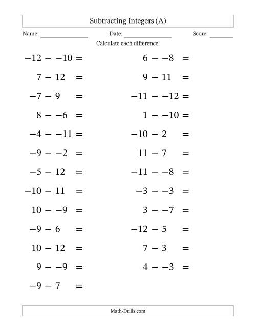 The Subtracting Mixed Integers from -12 to 12 (25 Questions; Large Print; No Parentheses) (All) Math Worksheet