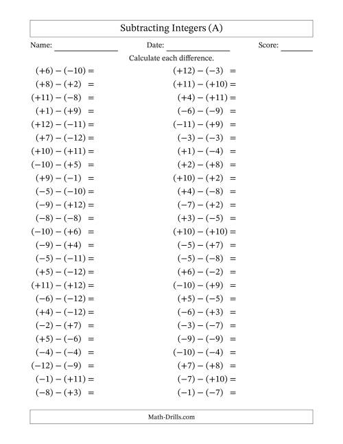 The Subtracting Mixed Integers from -12 to 12 (50 Questions; All Parentheses) (A) Math Worksheet
