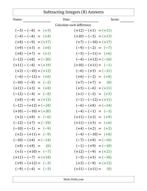 The Subtracting Mixed Integers from -12 to 12 (50 Questions; All Parentheses) (B) Math Worksheet Page 2