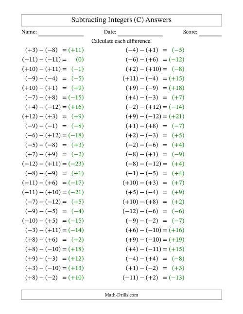 The Subtracting Mixed Integers from -12 to 12 (50 Questions; All Parentheses) (C) Math Worksheet Page 2