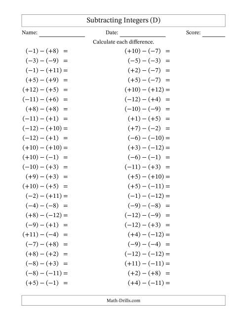 The Subtracting Mixed Integers from -12 to 12 (50 Questions; All Parentheses) (D) Math Worksheet