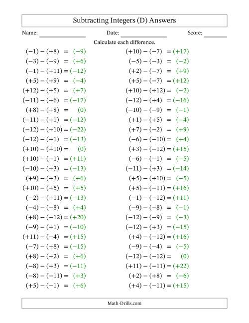 The Subtracting Mixed Integers from -12 to 12 (50 Questions; All Parentheses) (D) Math Worksheet Page 2