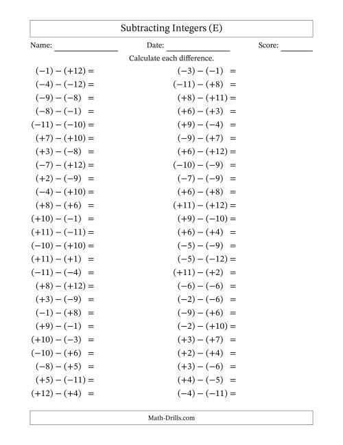 The Subtracting Mixed Integers from -12 to 12 (50 Questions; All Parentheses) (E) Math Worksheet