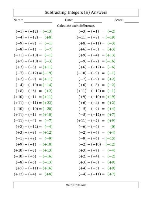 The Subtracting Mixed Integers from -12 to 12 (50 Questions; All Parentheses) (E) Math Worksheet Page 2