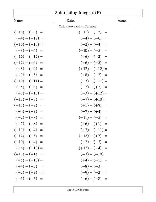 The Subtracting Mixed Integers from -12 to 12 (50 Questions; All Parentheses) (F) Math Worksheet
