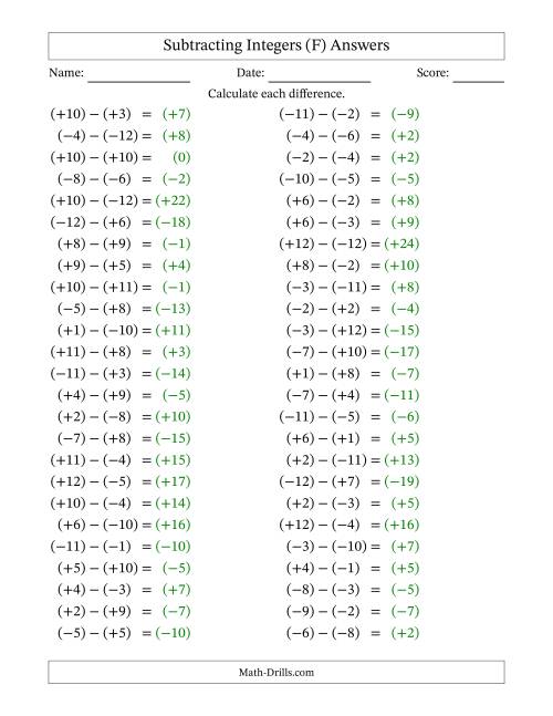 The Subtracting Mixed Integers from -12 to 12 (50 Questions; All Parentheses) (F) Math Worksheet Page 2