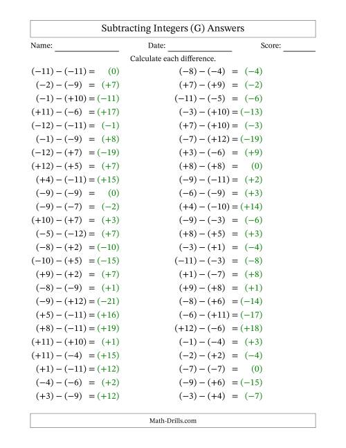 The Subtracting Mixed Integers from -12 to 12 (50 Questions; All Parentheses) (G) Math Worksheet Page 2