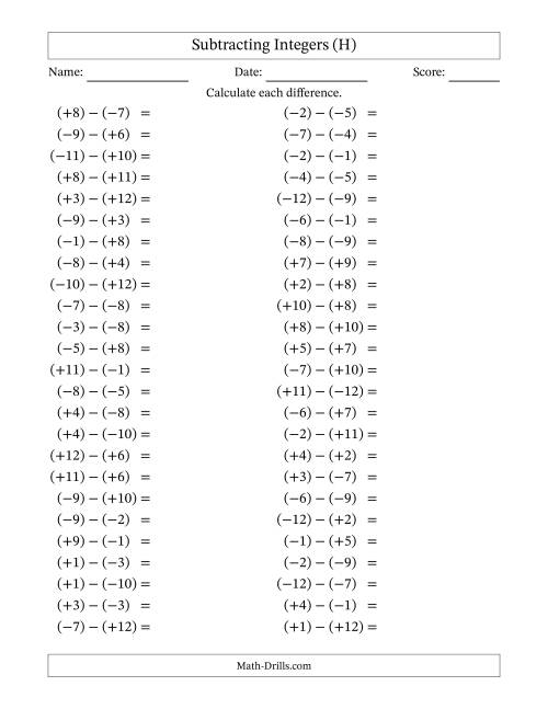 The Subtracting Mixed Integers from -12 to 12 (50 Questions; All Parentheses) (H) Math Worksheet