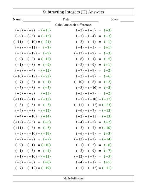 The Subtracting Mixed Integers from -12 to 12 (50 Questions; All Parentheses) (H) Math Worksheet Page 2