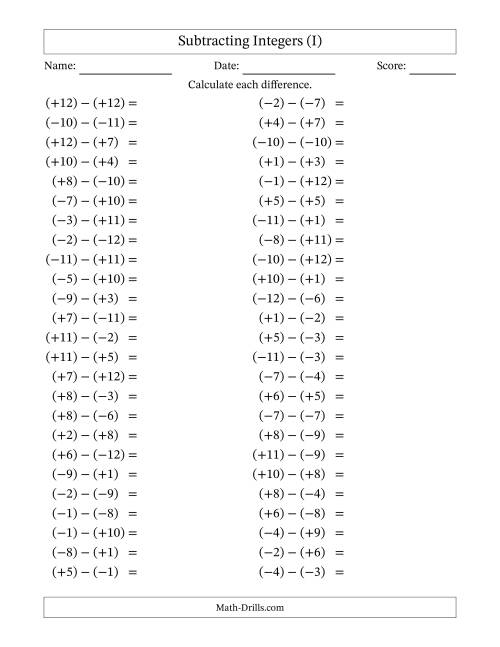 The Subtracting Mixed Integers from -12 to 12 (50 Questions; All Parentheses) (I) Math Worksheet