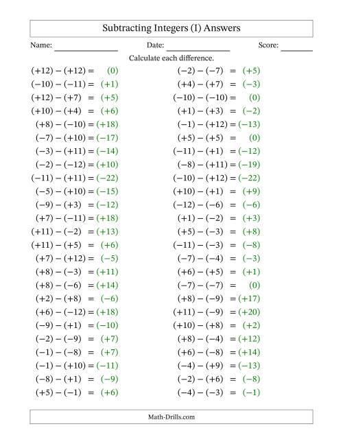 The Subtracting Mixed Integers from -12 to 12 (50 Questions; All Parentheses) (I) Math Worksheet Page 2