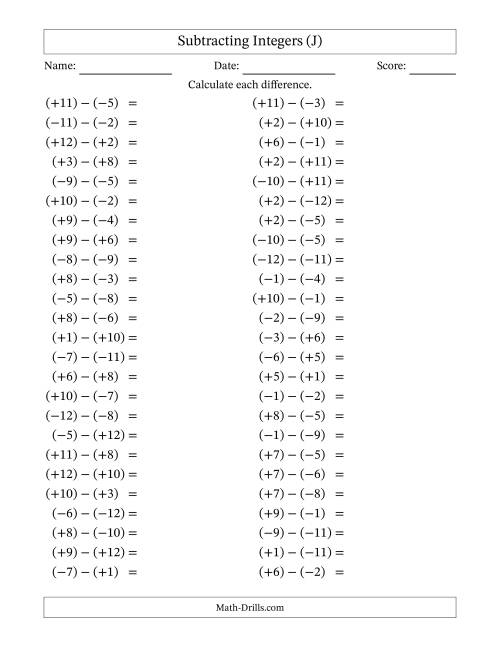 The Subtracting Mixed Integers from -12 to 12 (50 Questions; All Parentheses) (J) Math Worksheet