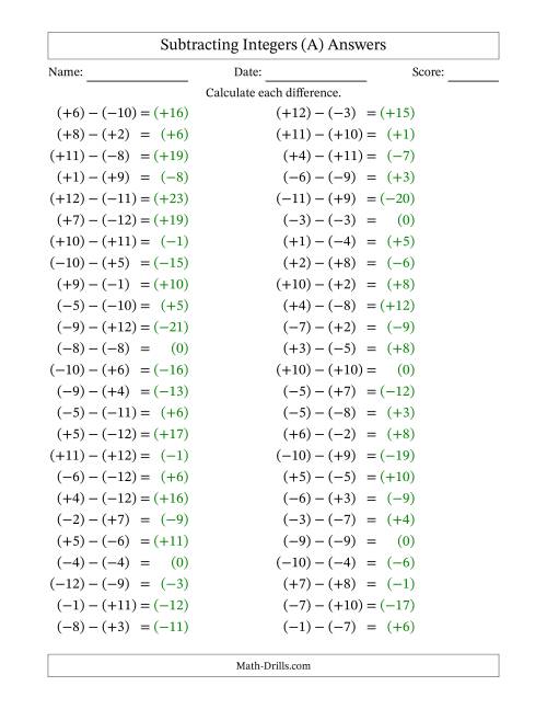 The Subtracting Mixed Integers from -12 to 12 (50 Questions; All Parentheses) (All) Math Worksheet Page 2