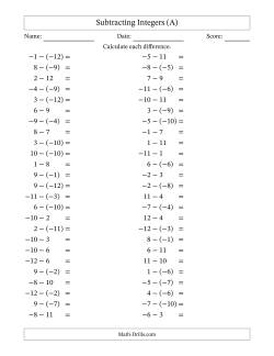 Subtracting Mixed Integers from -12 to 12 (50 Questions)