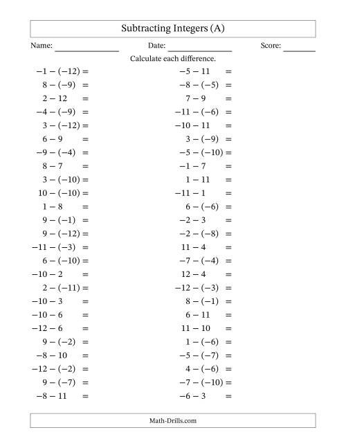 The Subtracting Mixed Integers from -12 to 12 (50 Questions) (A) Math Worksheet
