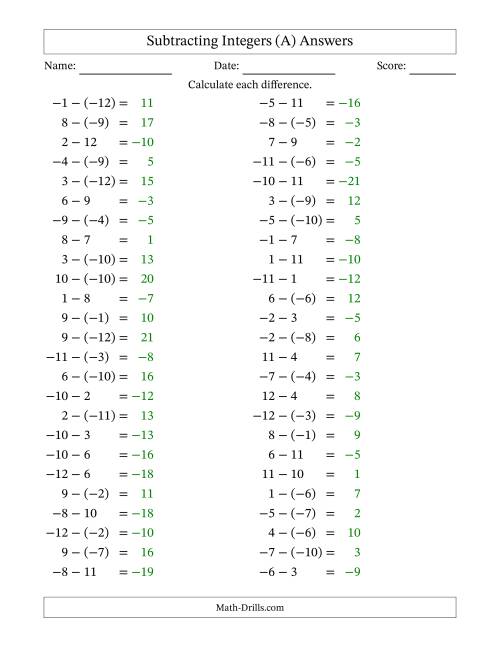 The Subtracting Mixed Integers from -12 to 12 (50 Questions) (A) Math Worksheet Page 2
