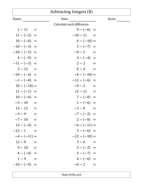 The Subtracting Mixed Integers from -12 to 12 (50 Questions) (B) Math Worksheet