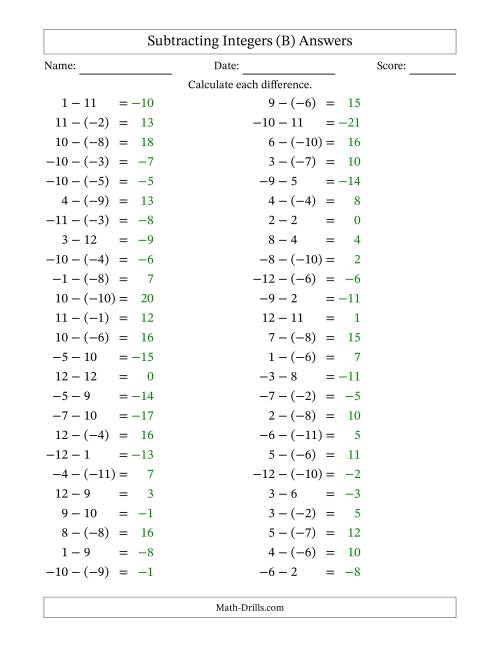 The Subtracting Mixed Integers from -12 to 12 (50 Questions) (B) Math Worksheet Page 2