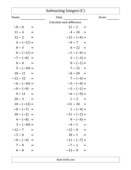 The Subtracting Mixed Integers from -12 to 12 (50 Questions) (C) Math Worksheet