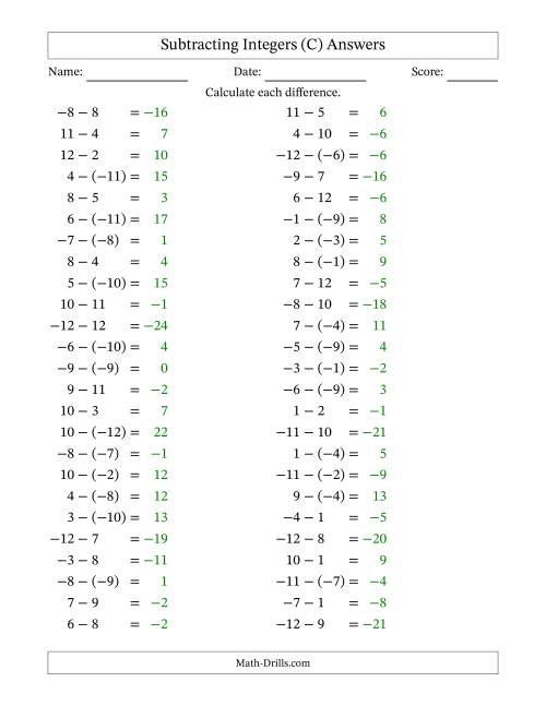 The Subtracting Mixed Integers from -12 to 12 (50 Questions) (C) Math Worksheet Page 2