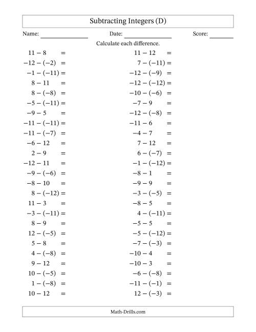 The Subtracting Mixed Integers from -12 to 12 (50 Questions) (D) Math Worksheet
