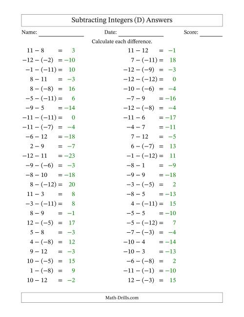 The Subtracting Mixed Integers from -12 to 12 (50 Questions) (D) Math Worksheet Page 2