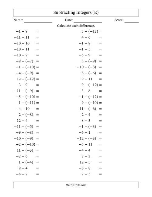The Subtracting Mixed Integers from -12 to 12 (50 Questions) (E) Math Worksheet
