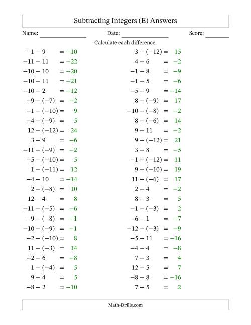 The Subtracting Mixed Integers from -12 to 12 (50 Questions) (E) Math Worksheet Page 2