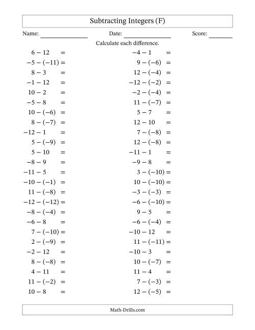 The Subtracting Mixed Integers from -12 to 12 (50 Questions) (F) Math Worksheet