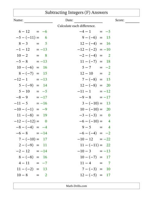 The Subtracting Mixed Integers from -12 to 12 (50 Questions) (F) Math Worksheet Page 2