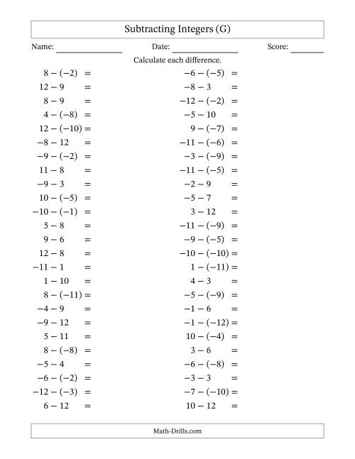 The Subtracting Mixed Integers from -12 to 12 (50 Questions) (G) Math Worksheet