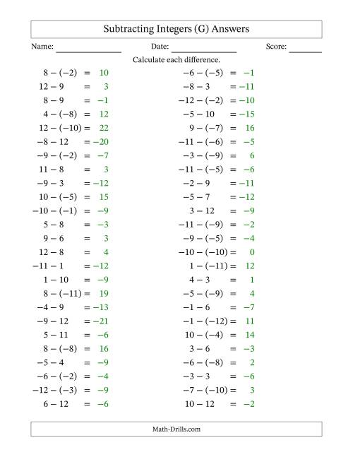 The Subtracting Mixed Integers from -12 to 12 (50 Questions) (G) Math Worksheet Page 2