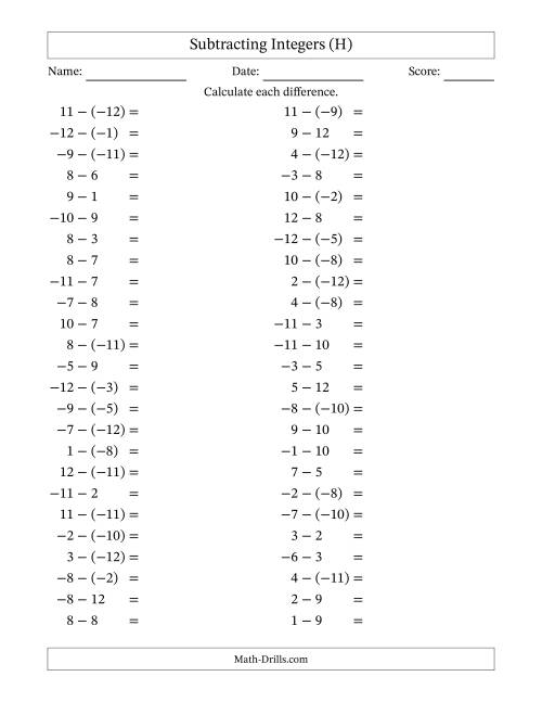 The Subtracting Mixed Integers from -12 to 12 (50 Questions) (H) Math Worksheet