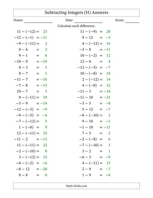The Subtracting Mixed Integers from -12 to 12 (50 Questions) (H) Math Worksheet Page 2