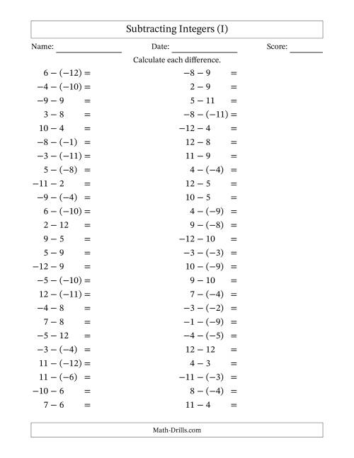 The Subtracting Mixed Integers from -12 to 12 (50 Questions) (I) Math Worksheet