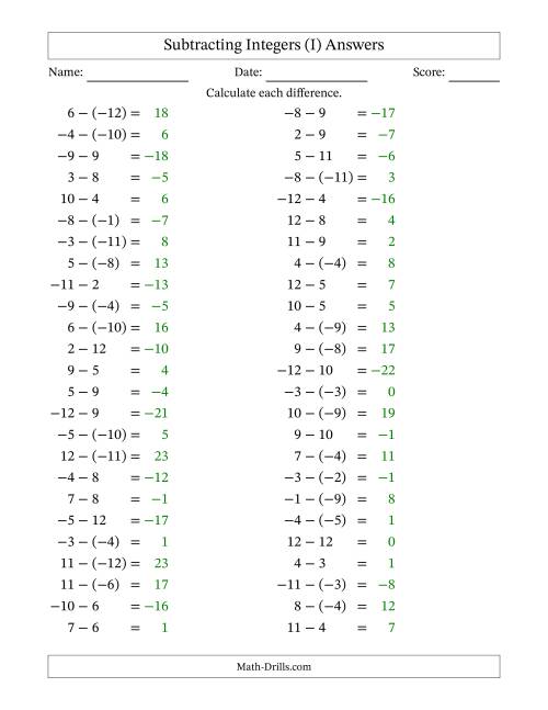 The Subtracting Mixed Integers from -12 to 12 (50 Questions) (I) Math Worksheet Page 2
