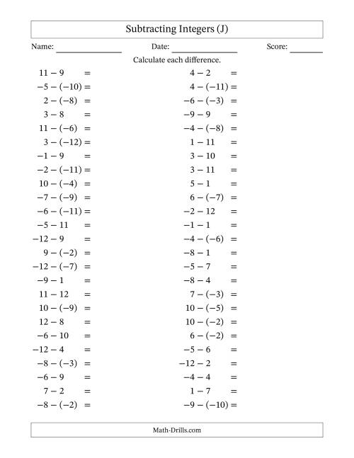 The Subtracting Mixed Integers from -12 to 12 (50 Questions) (J) Math Worksheet
