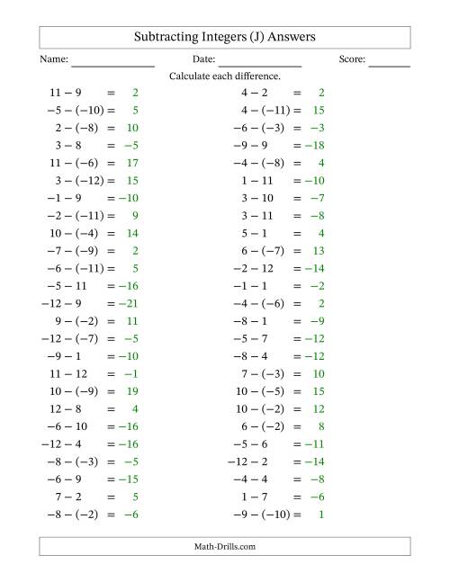 The Subtracting Mixed Integers from -12 to 12 (50 Questions) (J) Math Worksheet Page 2