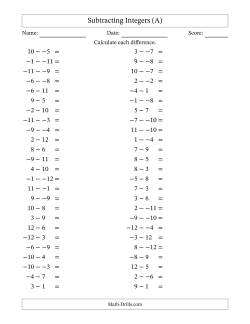 Subtracting Mixed Integers from -12 to 12 (50 Questions; No Parentheses)