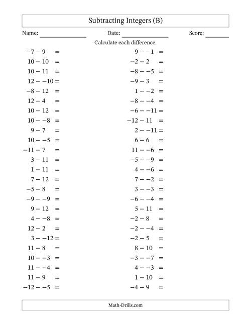 The Subtracting Mixed Integers from -12 to 12 (50 Questions; No Parentheses) (B) Math Worksheet