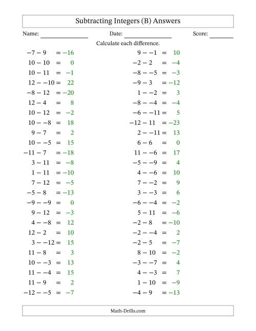 The Subtracting Mixed Integers from -12 to 12 (50 Questions; No Parentheses) (B) Math Worksheet Page 2