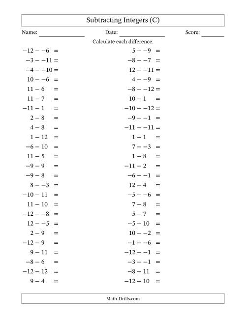 The Subtracting Mixed Integers from -12 to 12 (50 Questions; No Parentheses) (C) Math Worksheet
