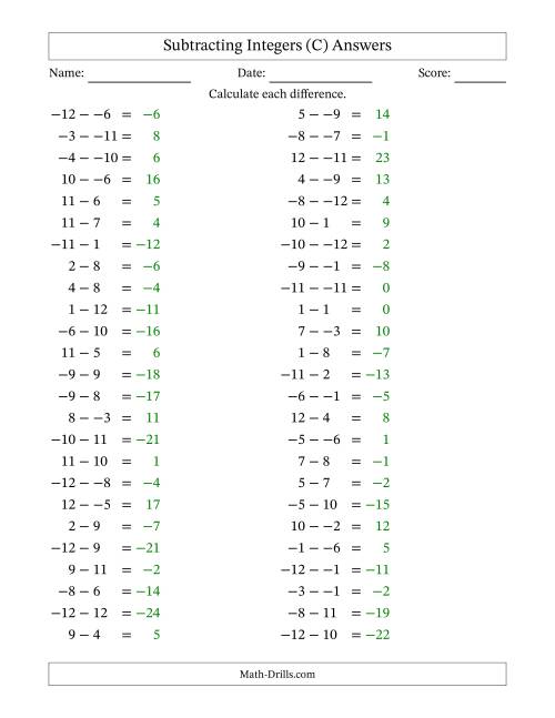 The Subtracting Mixed Integers from -12 to 12 (50 Questions; No Parentheses) (C) Math Worksheet Page 2