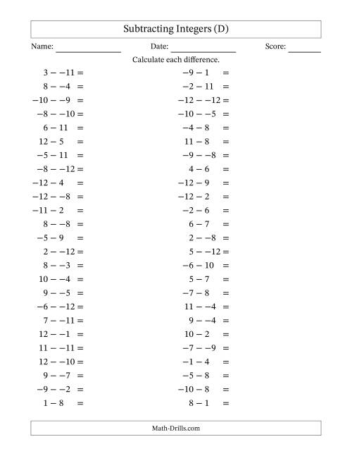 The Subtracting Mixed Integers from -12 to 12 (50 Questions; No Parentheses) (D) Math Worksheet