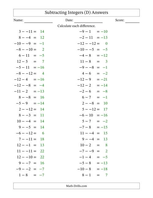 The Subtracting Mixed Integers from -12 to 12 (50 Questions; No Parentheses) (D) Math Worksheet Page 2