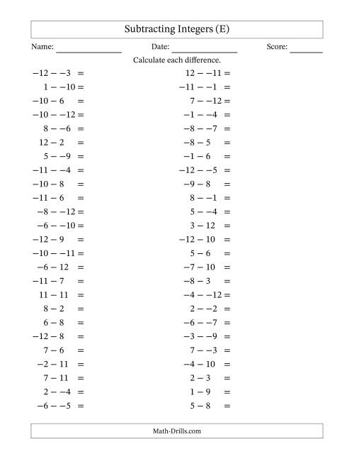 The Subtracting Mixed Integers from -12 to 12 (50 Questions; No Parentheses) (E) Math Worksheet