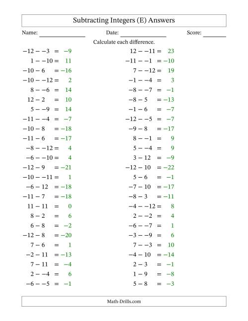 The Subtracting Mixed Integers from -12 to 12 (50 Questions; No Parentheses) (E) Math Worksheet Page 2