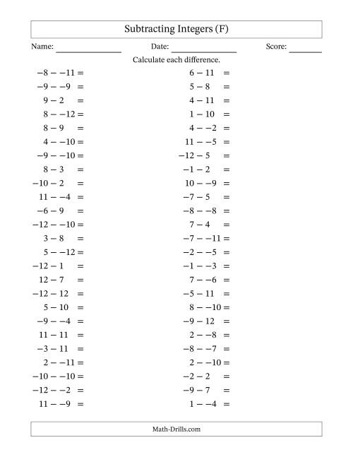 The Subtracting Mixed Integers from -12 to 12 (50 Questions; No Parentheses) (F) Math Worksheet