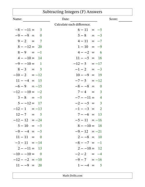 The Subtracting Mixed Integers from -12 to 12 (50 Questions; No Parentheses) (F) Math Worksheet Page 2